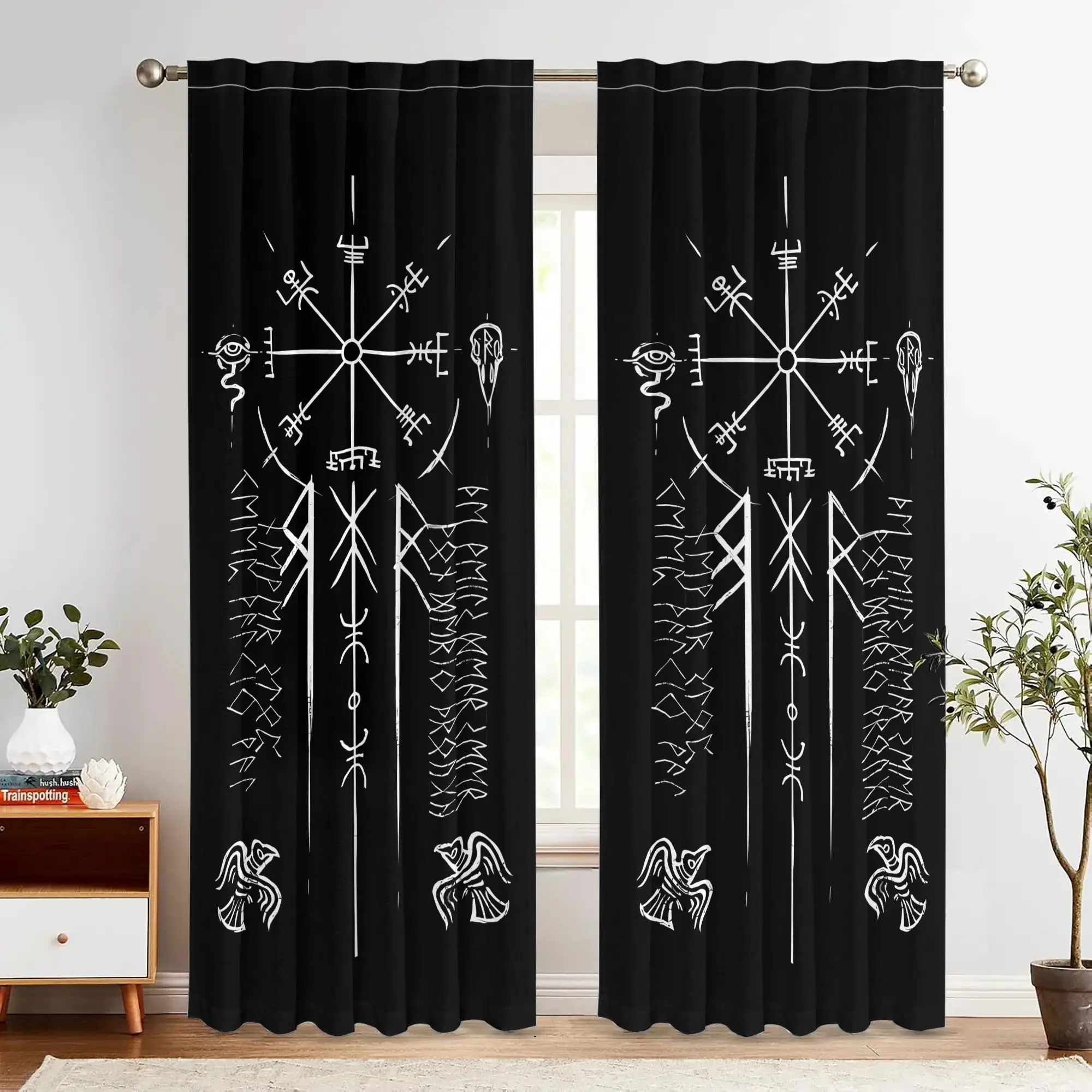 Vegvisir Viking Rune Curtains, Nordic Mythology Symbol Blackout Drapes, Occult Home Decor for Living Room Bedroom