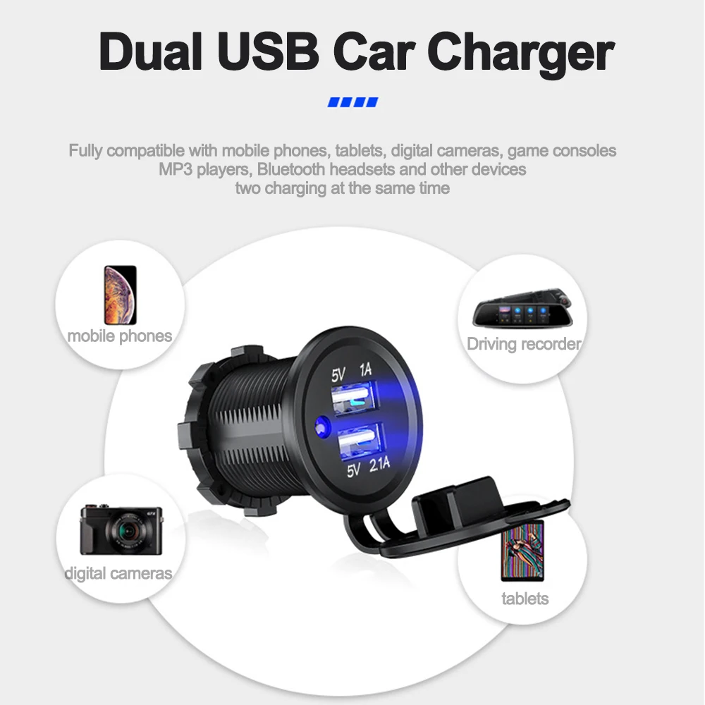 3.1 A Dual USB 2 Ports 12V-24V Universal Car Cigarette Charger Socket Power Adapter Outlet with Blue Light for Car Boat Marine