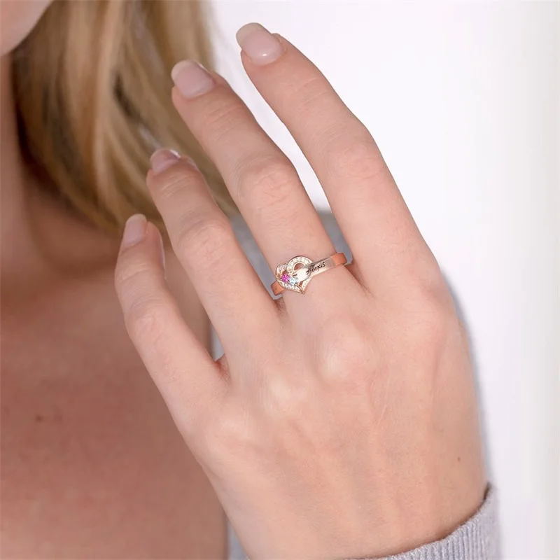 Personalized 1-8 Birthstone Rings Custom Engraved Name Ring Customized Promise Heart Birthstone Ring Gifts for Family Women