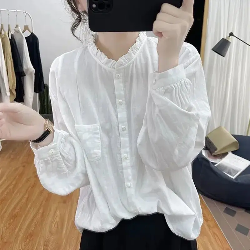 

1/2 Autumn New Long-sleeved Women's Solid Color Retro Loose Fashionable Versatile Base Shirt