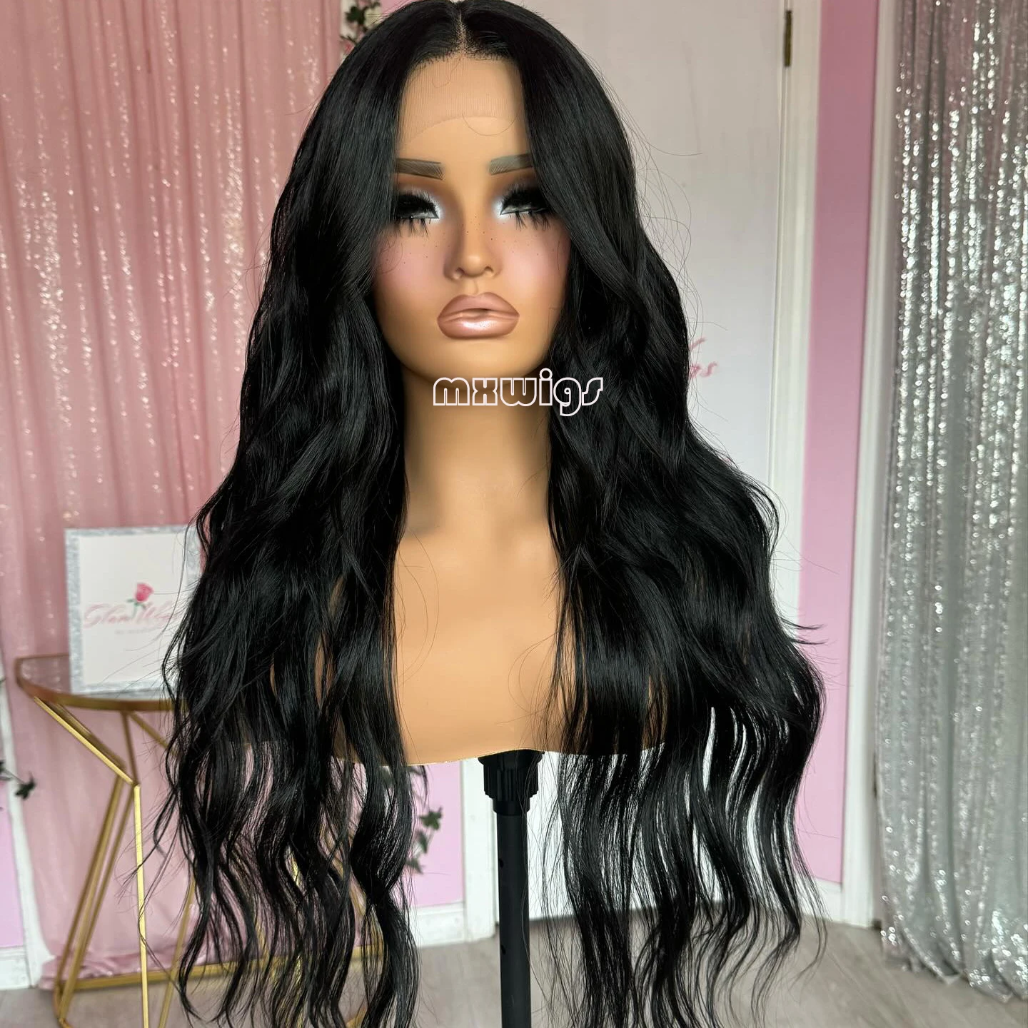 MXWIG Synthetic Hair Black Color Body Wave Glueless 13X4 Lace Front Wig For Black Women Preplucked 26 