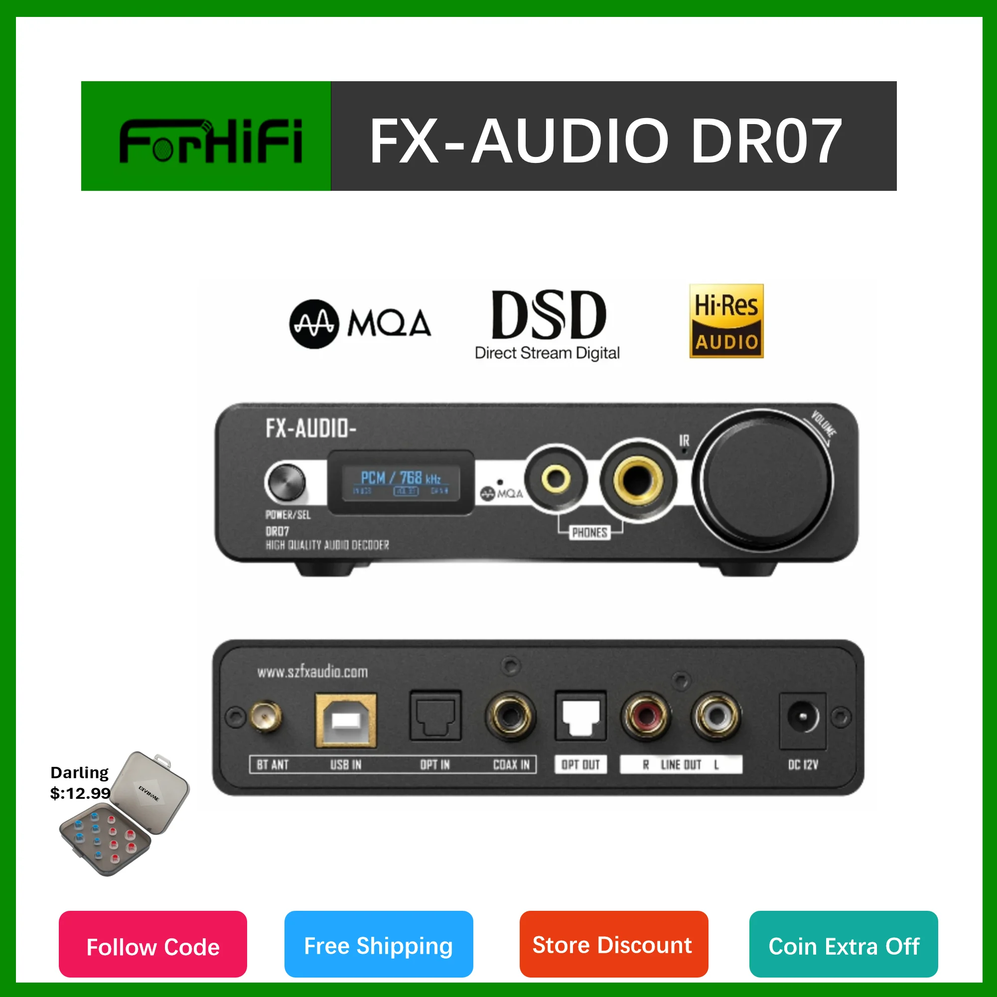 FX-AUDIO DR07 Dual AK4493 DAC Alles-in-één hoofdtelefoonversterker Bluetooth 5.1 DSD512 PCM 768kHz/32Bit DAC/AMP met afstandsbediening