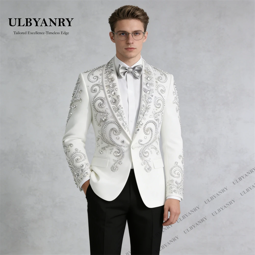 

Мужской официальный костюм ULBYANRY для выступлений, смокинг, комплект из 2 предметов: пиджак и брюки, белый пиджак с бисером и черные брюки