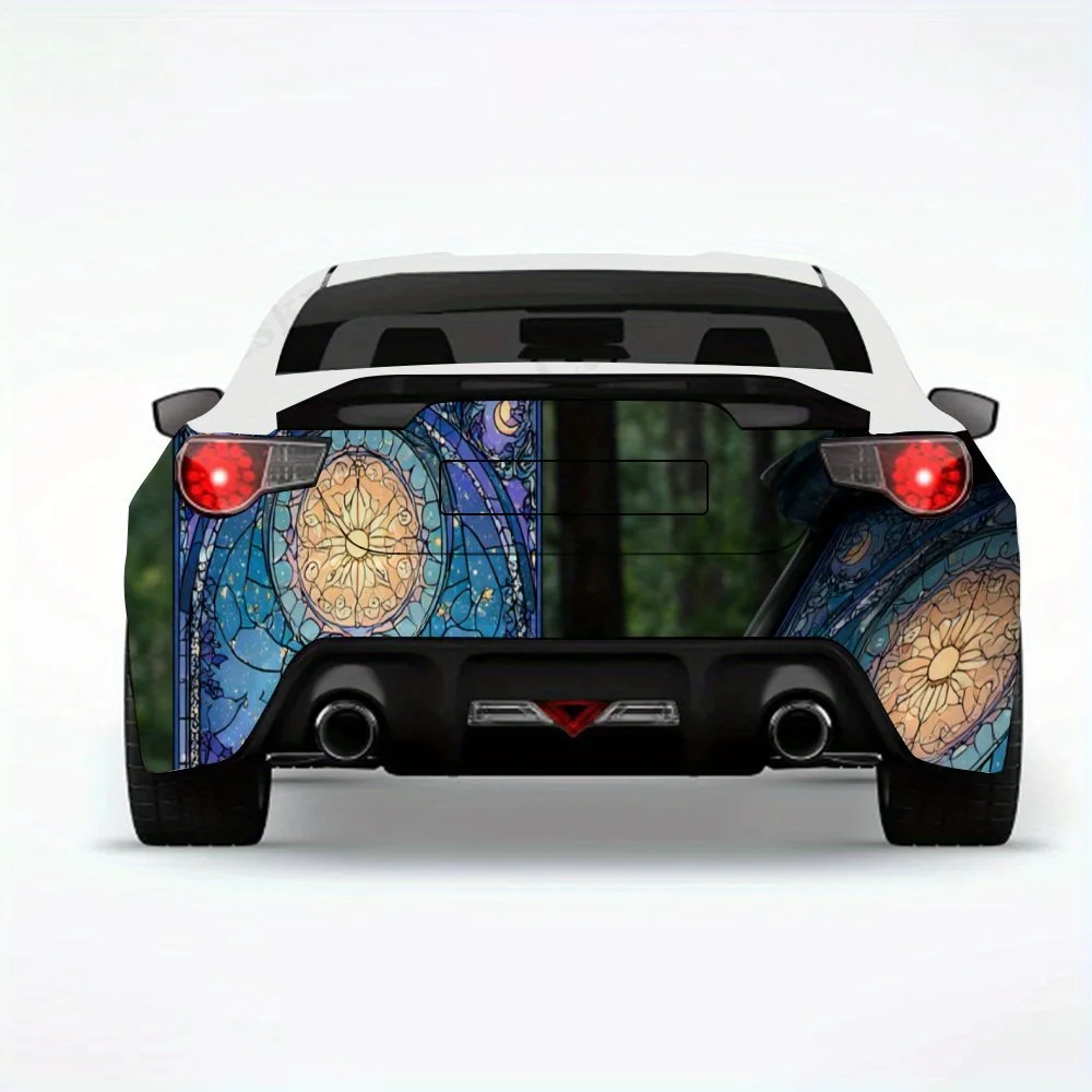 

Витражная сцена с лунным светом - виниловая наклейка на заднюю часть автомобиля, водонепроницаемые самоклеящиеся виниловые наклейки для хвоста и бампера автомобиля, декабрь