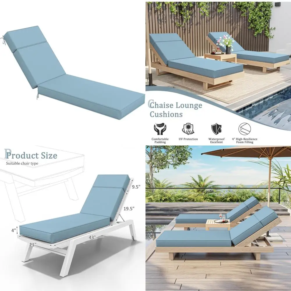 

Outdoor Chaise Lounge Cushions - 72L x 21W x 4D High-Density Foam, Waterproof with Ties, Comfortable Patio Furniture Cushions