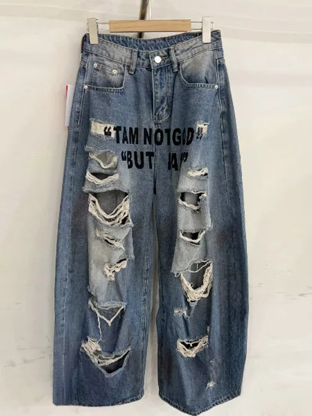 

Summer 2026 High Waist Loose Fit Ripped Denim Pants Casual Wide Leg Jeans Vintage Print Casual Comfortable Women's Fashion