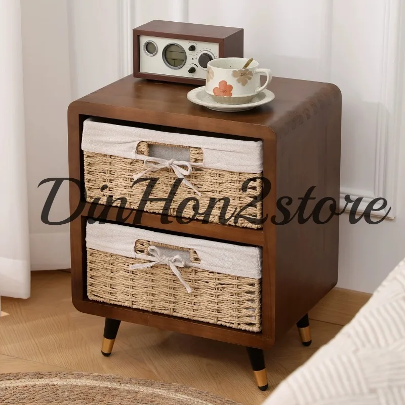 Solid wood chest rattan basket fabric storage cabinet bedroom bedside table modern simplicity