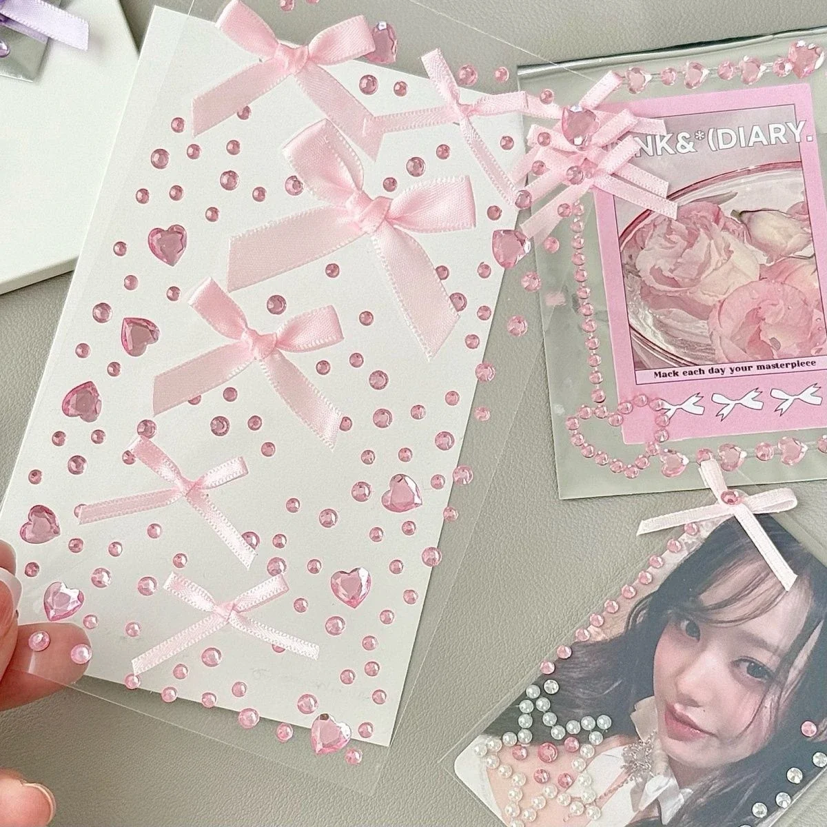 Heart Rhinestone Sticker Lace Bow DIY Handbook Phone Decals Diamond Stickers Children Korean Stickers Aesthetics