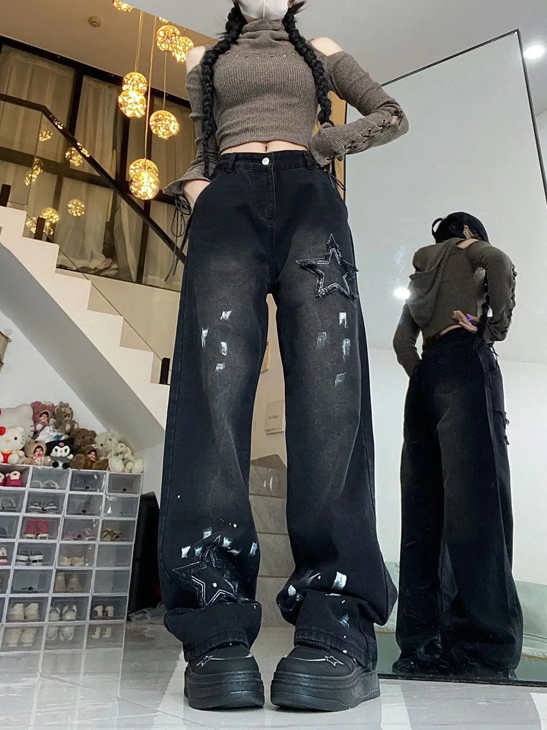 

American retro pentagram splashed ink straight tube jeans for women in autumn new dopamine wearing high waisted wide leg pants