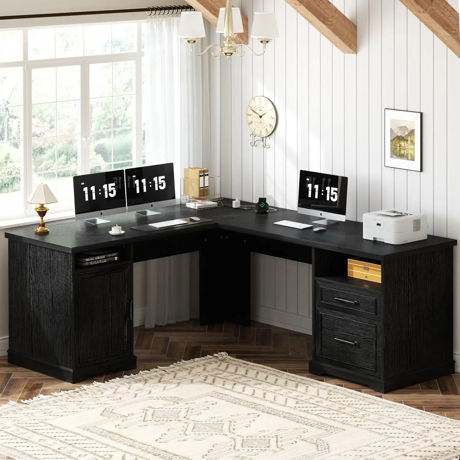 

Farmhouse L Shaped Executive Desk with File Drawers, 60" Corner Computer Desk , Large 2 Person Home Office Table