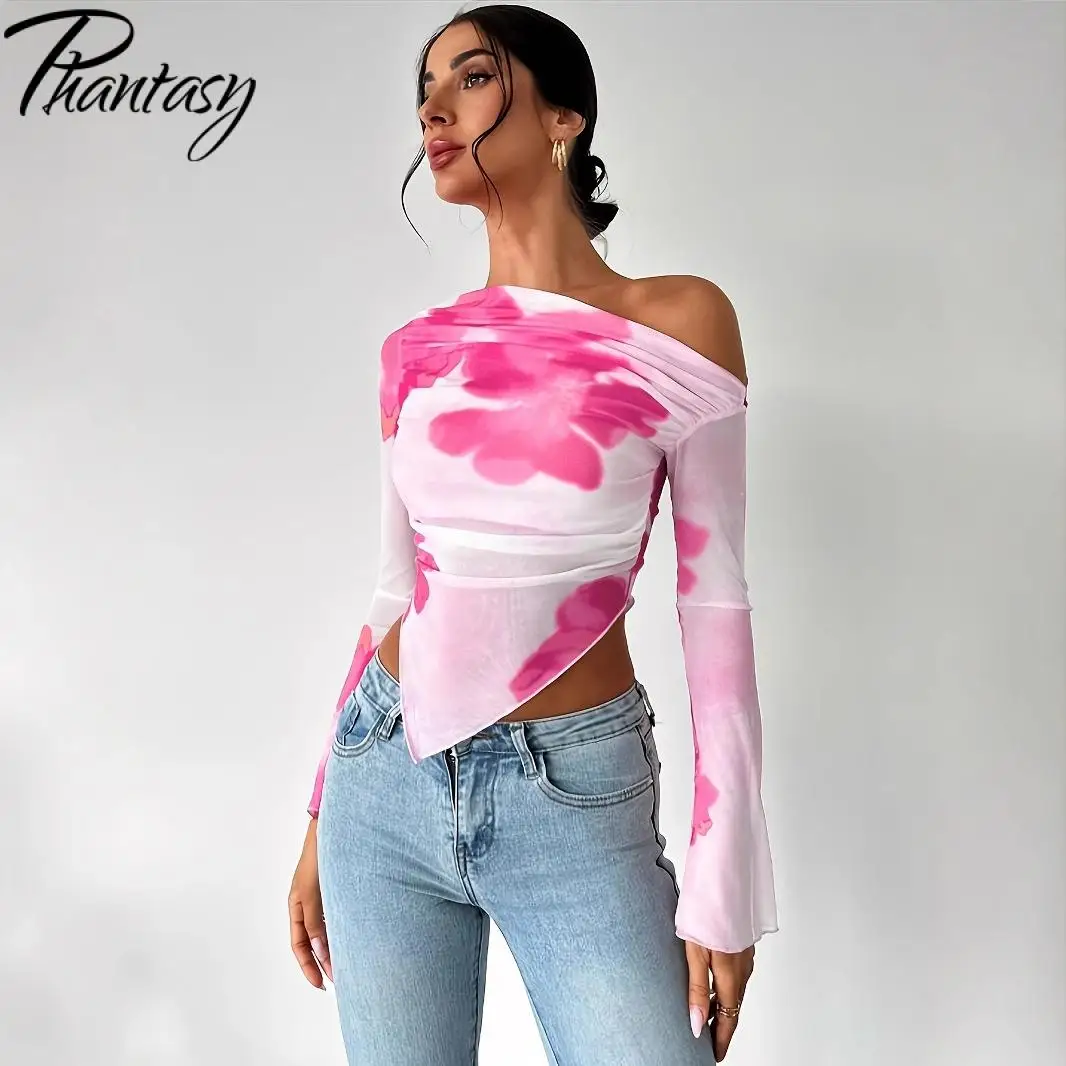 

Sexy Ruffled Off-Shoulder Women's Top Mesh Long-Sleeve Floral Print Halter Neck Asymmetrical Hem T-Shirt Beach Resort Style