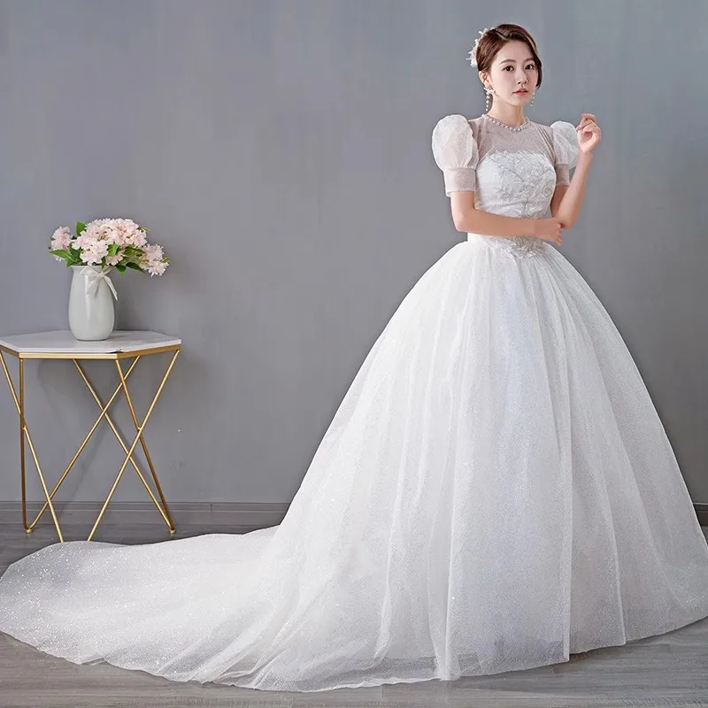 It's Yiiya Wedding Dress White Short Sleeve Transparent O-neck Lace up Trailing Floor Length Princess Bride Gown Plus size XN160