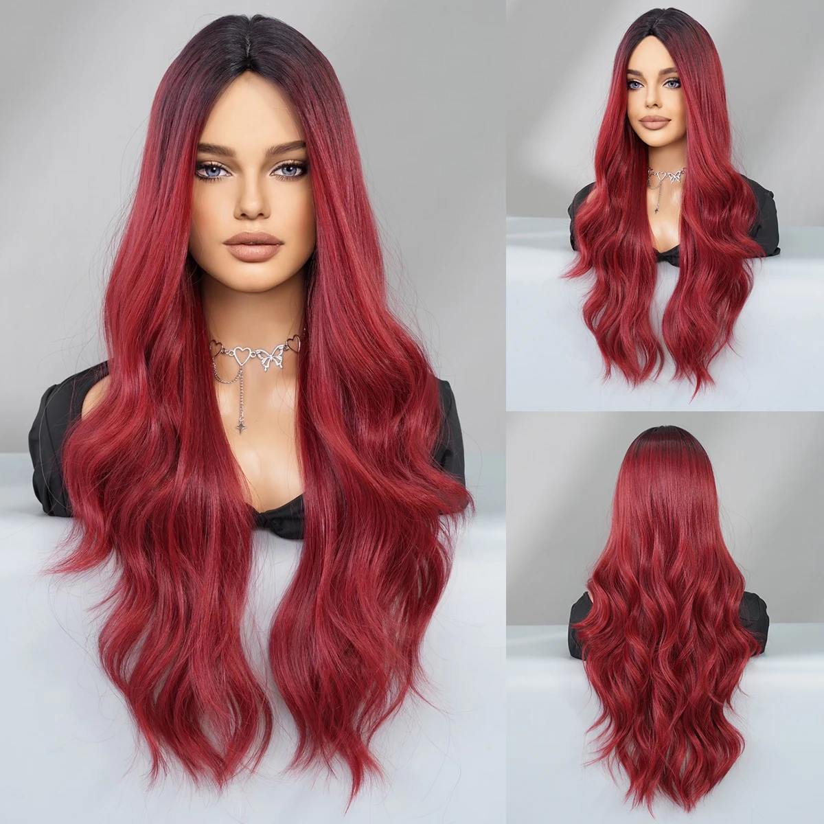 

PARK YUN Long Loose Water Wave Wine Red Wigs With Dark Roots High Quality Synthetic Layered Middle Part Dark Red Wig for Women