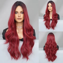 PARK YUN Long Loose Water Wave Wine Red Wigs With Dark Roots High Quality Synthetic Layered Middle Part Dark Red Wig for Women