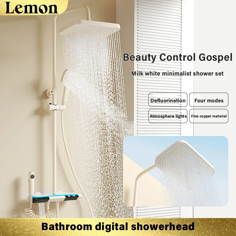 

Bathroom Luxury Shower System with Lights Tempered Glass Piano Key Smart Digital Display Thermostat Mixer Shower Faucet Full Set