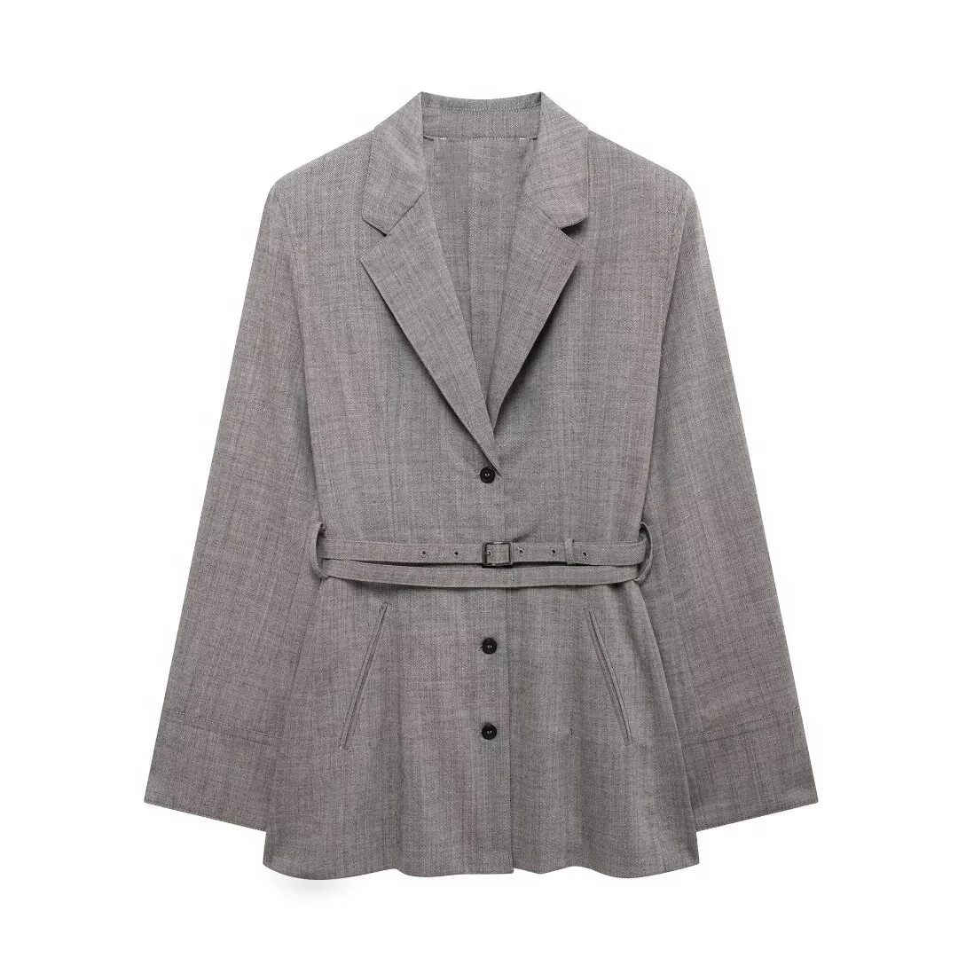 Tangada 2024 Women Gray Elegant Blazer Jacket With Slash Buttons Long Sleeve Ladies Suit BE0261