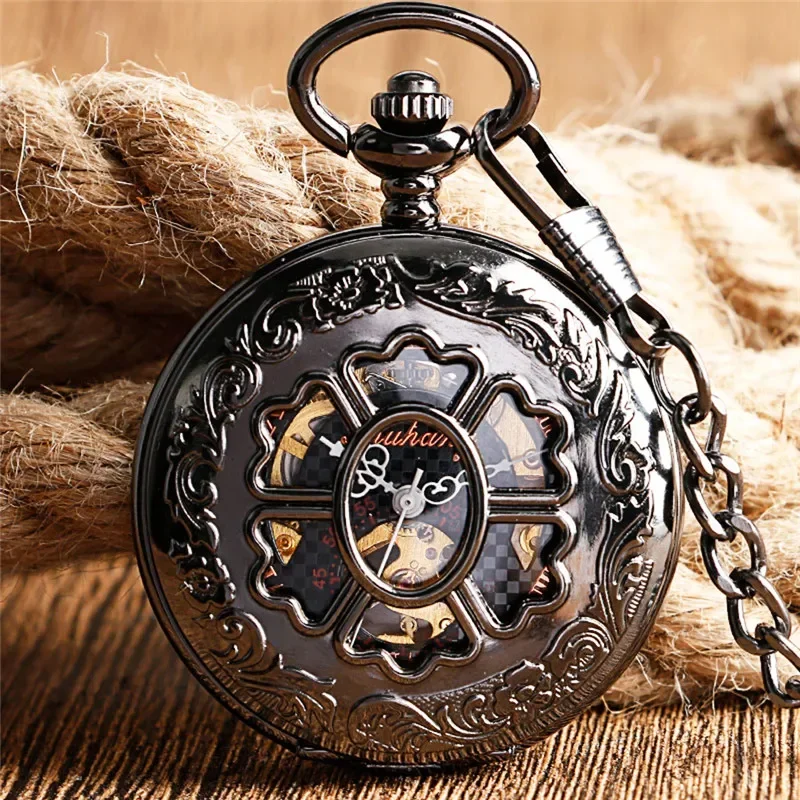 Steampunk Hollow Out Flower Case Men Women Handwind Mechanical Pocket Watch Roman Number FOB Pendant Chain Relgio de bolso