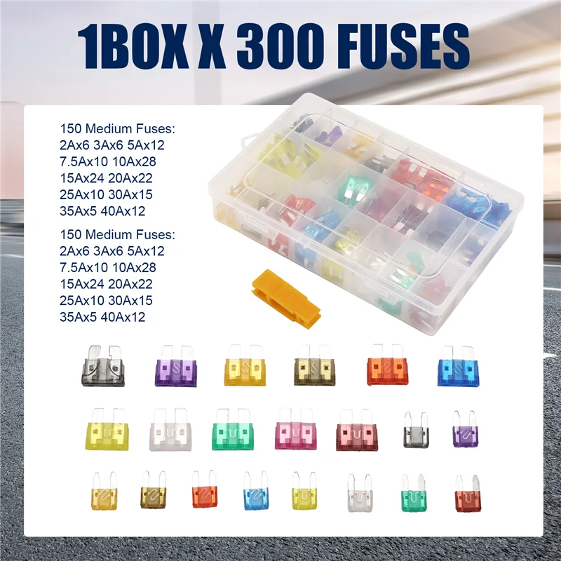 1 صندوق/300 قطعة مجموعة الصمامات الصغيرة للسيارة 2A 3A 5A 7.5A 10A 15A 20A 25A 30A 35A 40A فيوز مع مشبك للسيارات والدراجات النارية-L94A