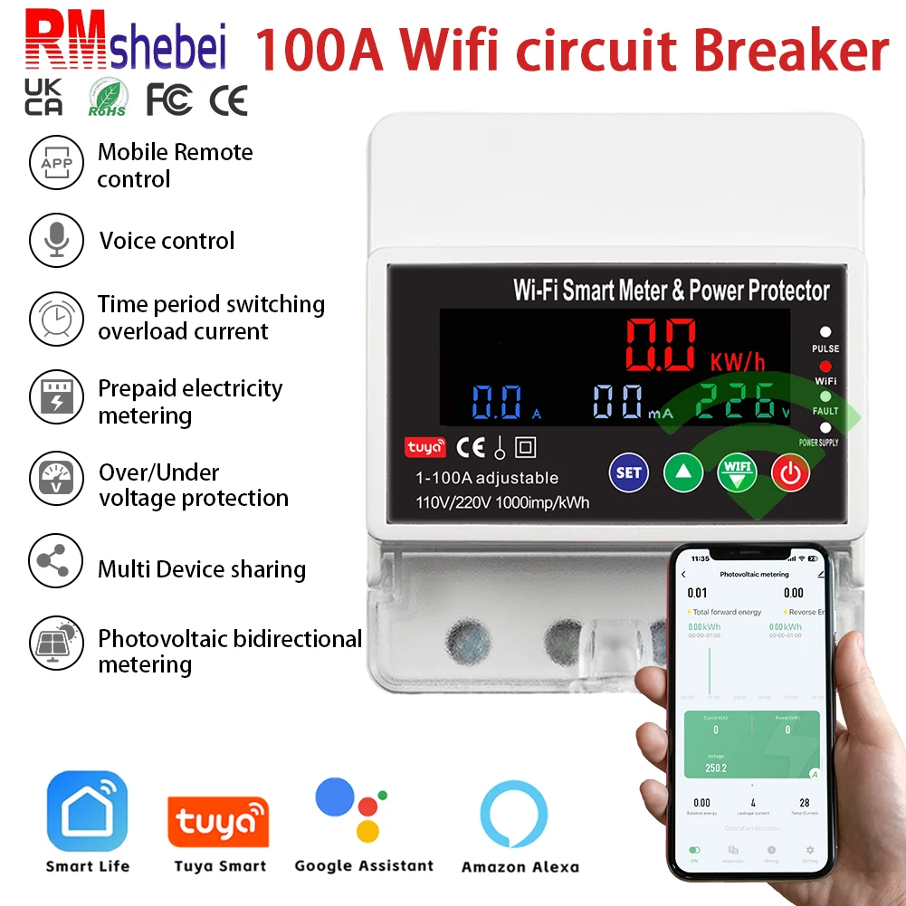 RMshebei Tuya الذكية واي فاي قطاع دارة 4P100A اتجاهين القياس خطأ تدفق تأخير قابل للتعديل التحكم في الوقت التبديل #1