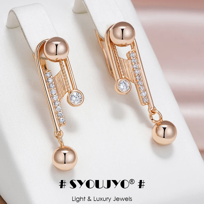 SYOUJYO Luxury Orb Dangle Long Earrings For Women 585 Rose Gold Color Daily Jewelry Natural Zircon Micro Wax Inlaid