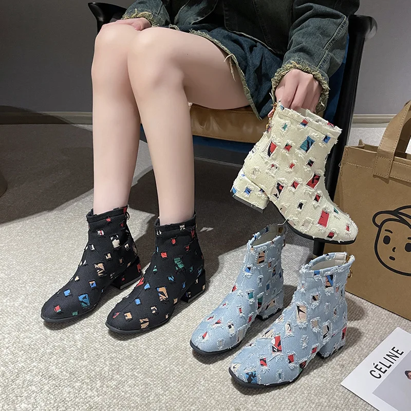

Fashion Women's Round Toe Short Boots Spring and Autumn Chunky Heel Patchwork Denim Women's Boots Versatile Snow Boots