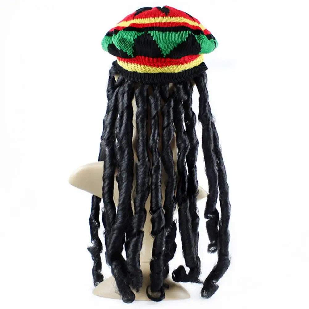 Reggae Hat with Black Dreadlocks Comfortable Braid Hat Wig Ethnic Style Reggae Beret Woolen Knitting Hat for Halloween Costume