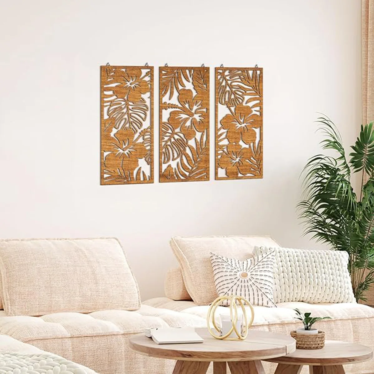 3 قطعة جدار ديكور خشبي أوراق النخيل جدار الفن الحد الأدنى الخشب زهور الكركديه ديكور معلق لوحة نباتية خمر للحمام المنزل
