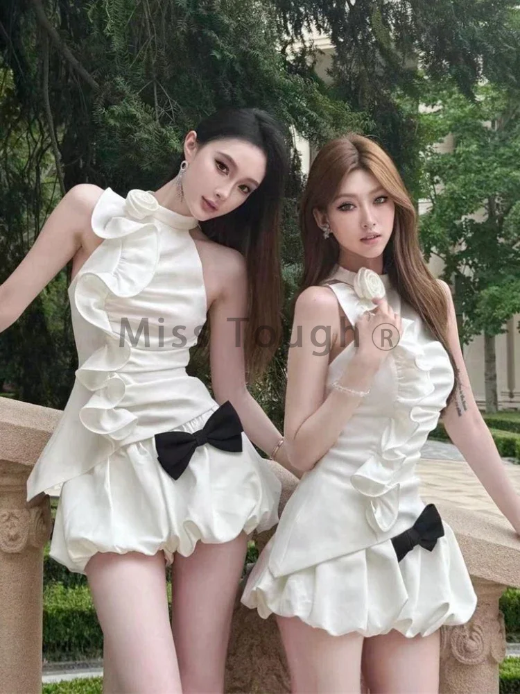 Korean Fashion Vintage Y2k 2 Piece Set Women Bow Elegant Chic Mini Pants Suit Female Solid Sleeveless Top+Shorts Summer Designer