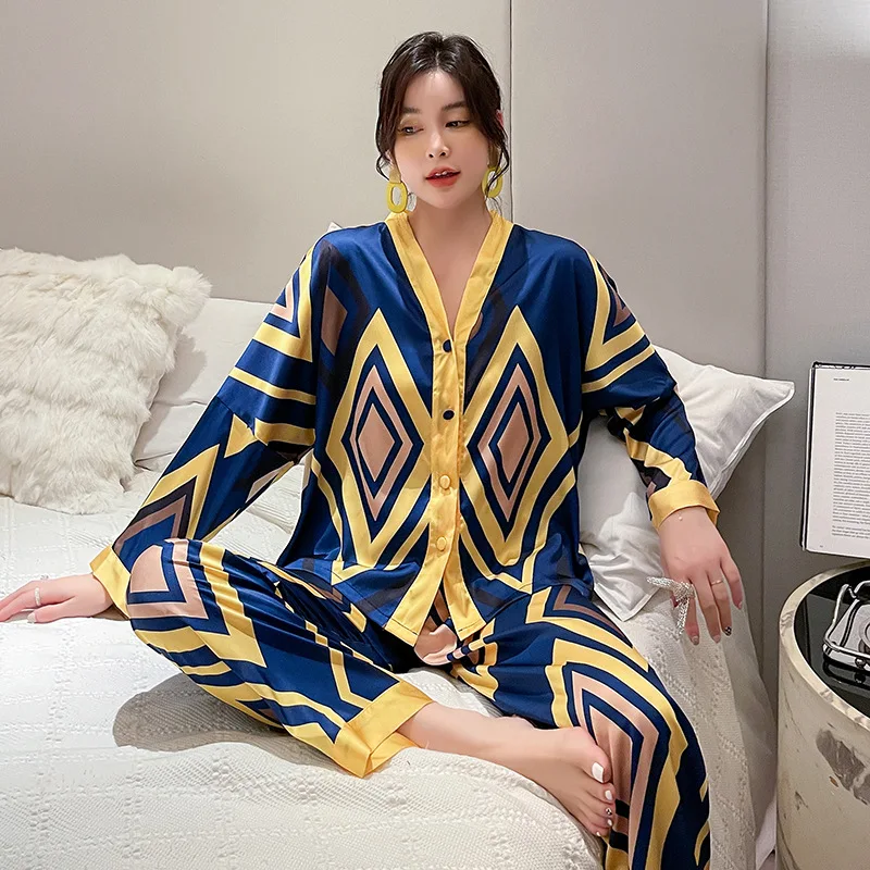 New Houndstooth Autumn Women's Pajamas Set Print Sleepwear Like Silk Nightie Leisure Long sleeve Button Homewear Nightwear Set