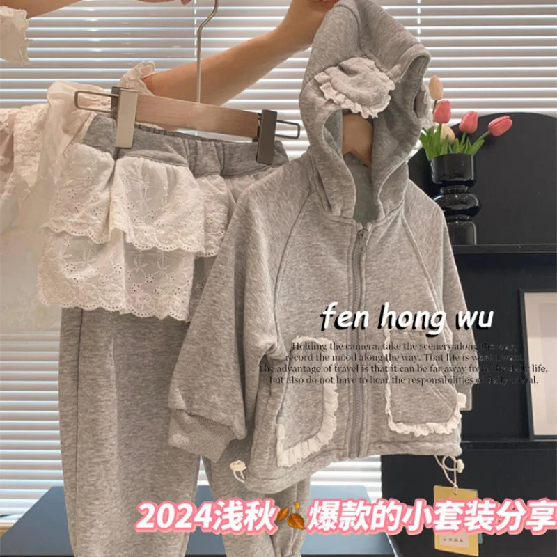 

Girls' Suit New Autumn Korean Style Cute Rabbit Ears Coat Fashionable Lace Stitching Sweatpants