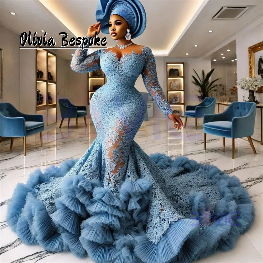 Flamboyant Blue Lace Long Sleeve Aso Ebi Evening Dresses Luxury 2025 Ruffels Mermaid African Wedding Formal Gown Customized