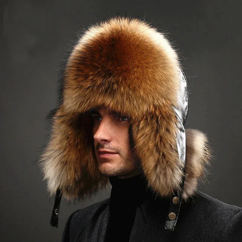 

New Winter Men's imitation Silver Fox Fur Bomber Hat Fur Cap Trapper Russian Man Ski Hats Caps Leather