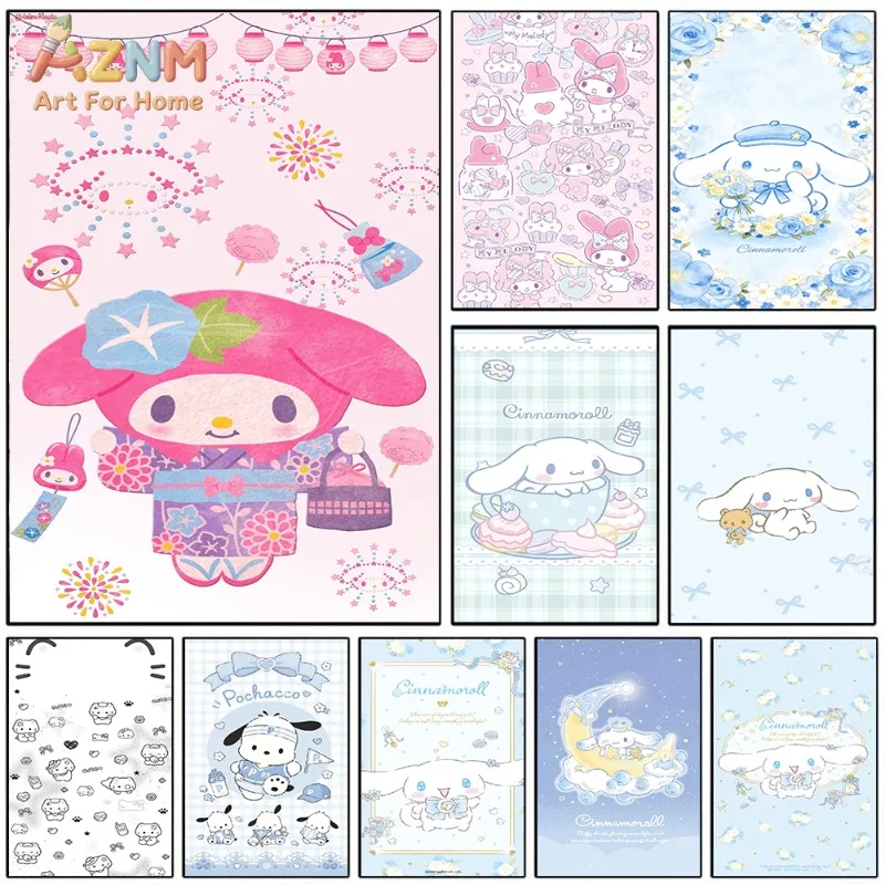 Sanrio My Melody Cinnamoroll Canvas Wall Art Unframed Print Kimono Firework Cute Cartoon Poster for Bedroom Dorm Home Interior