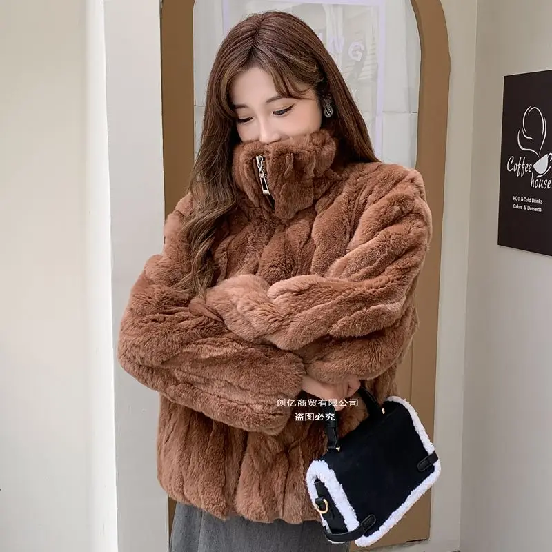 Cappotto da donna in vera pelliccia di coniglio naturale stile corto, colletto alla coreana, maniche lunghe, giacca autunno inverno