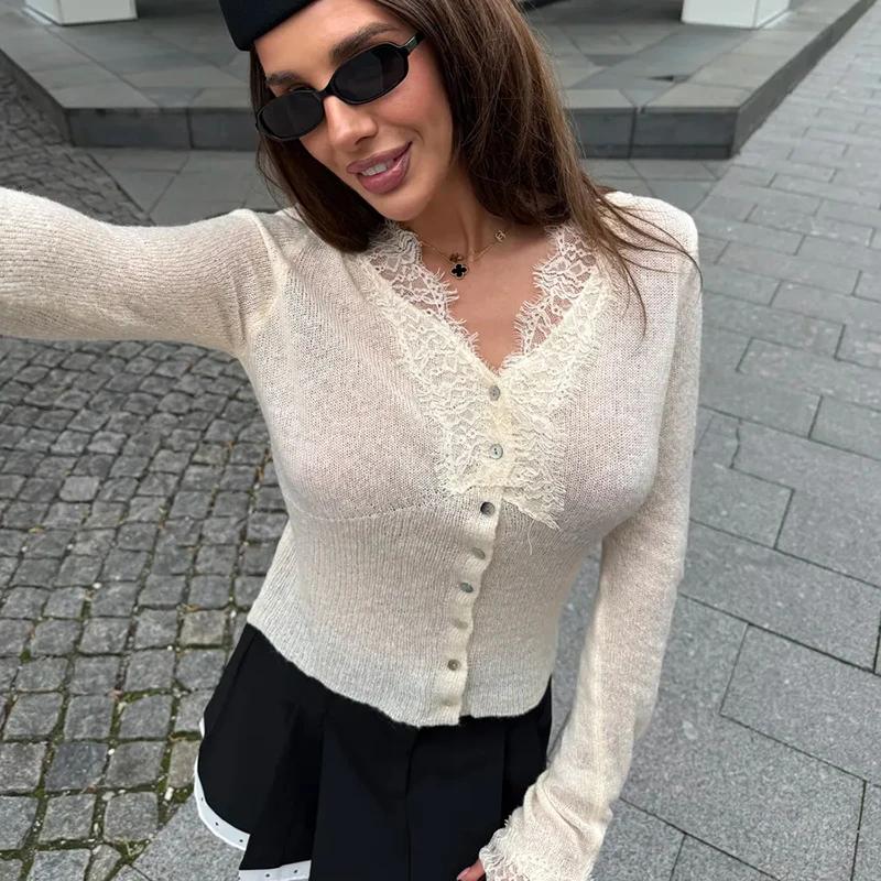 Tornova-suéter de encaje con empalme para mujer, cárdigan elegante con cuello de pico, Top de punto de manga larga, abrigo de punto ajustado para otoño e invierno 2025