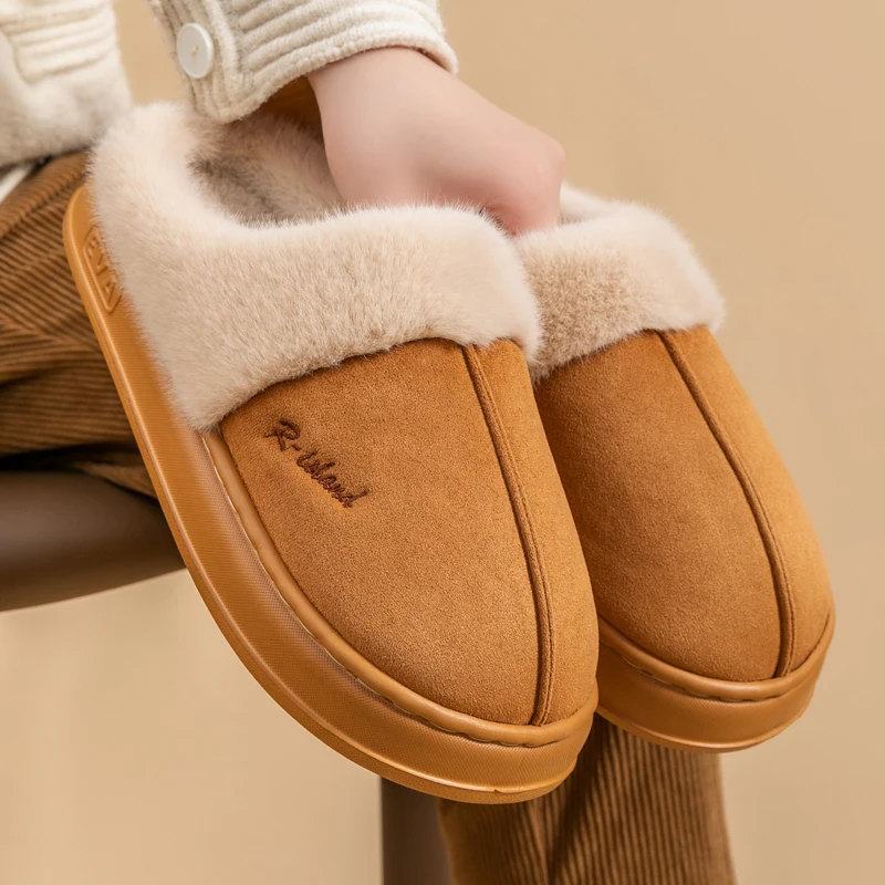 Comwarm Fashion Women Fuzzy Slippers Winter New Fur Collar Slippers Soft Sole Fluffy Home Cotton Shoes Platform Plush Slippers