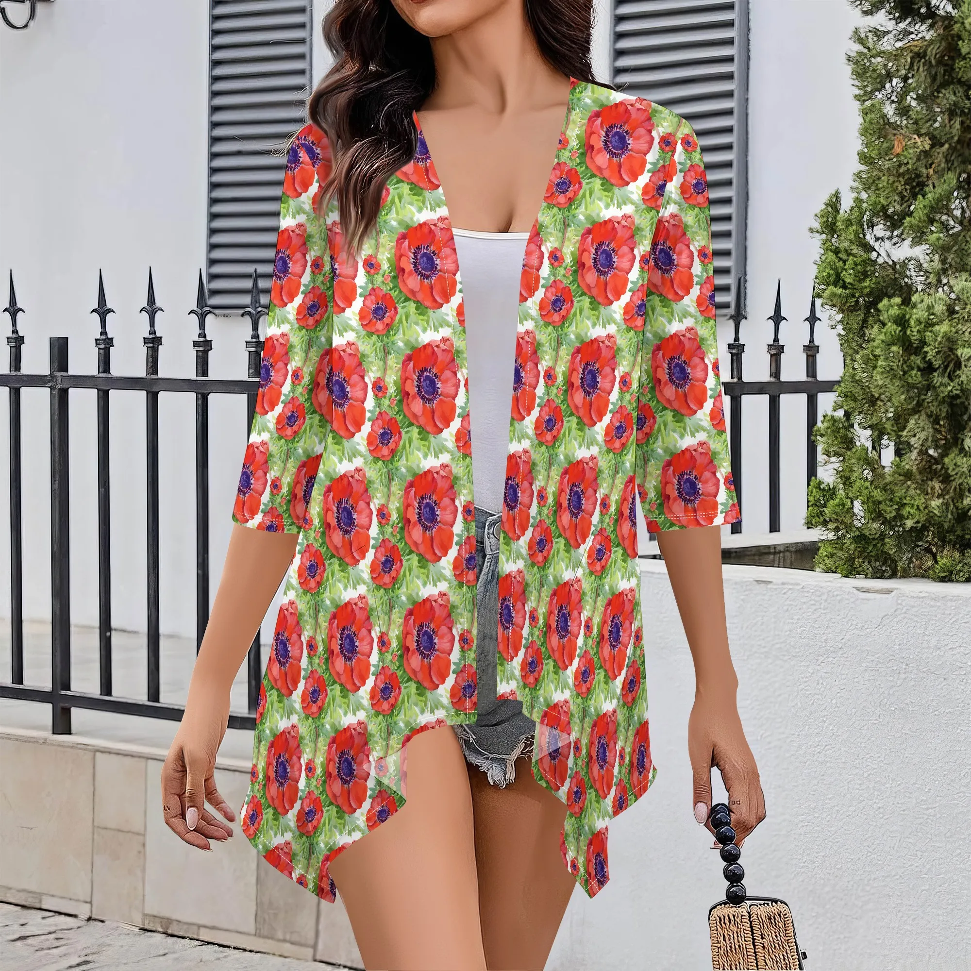 

Women's Coat Cardigan Floral Print Lightweight Half Sleeve Thin Blouse Shirts Elegant Outdoor Wear with Pocket