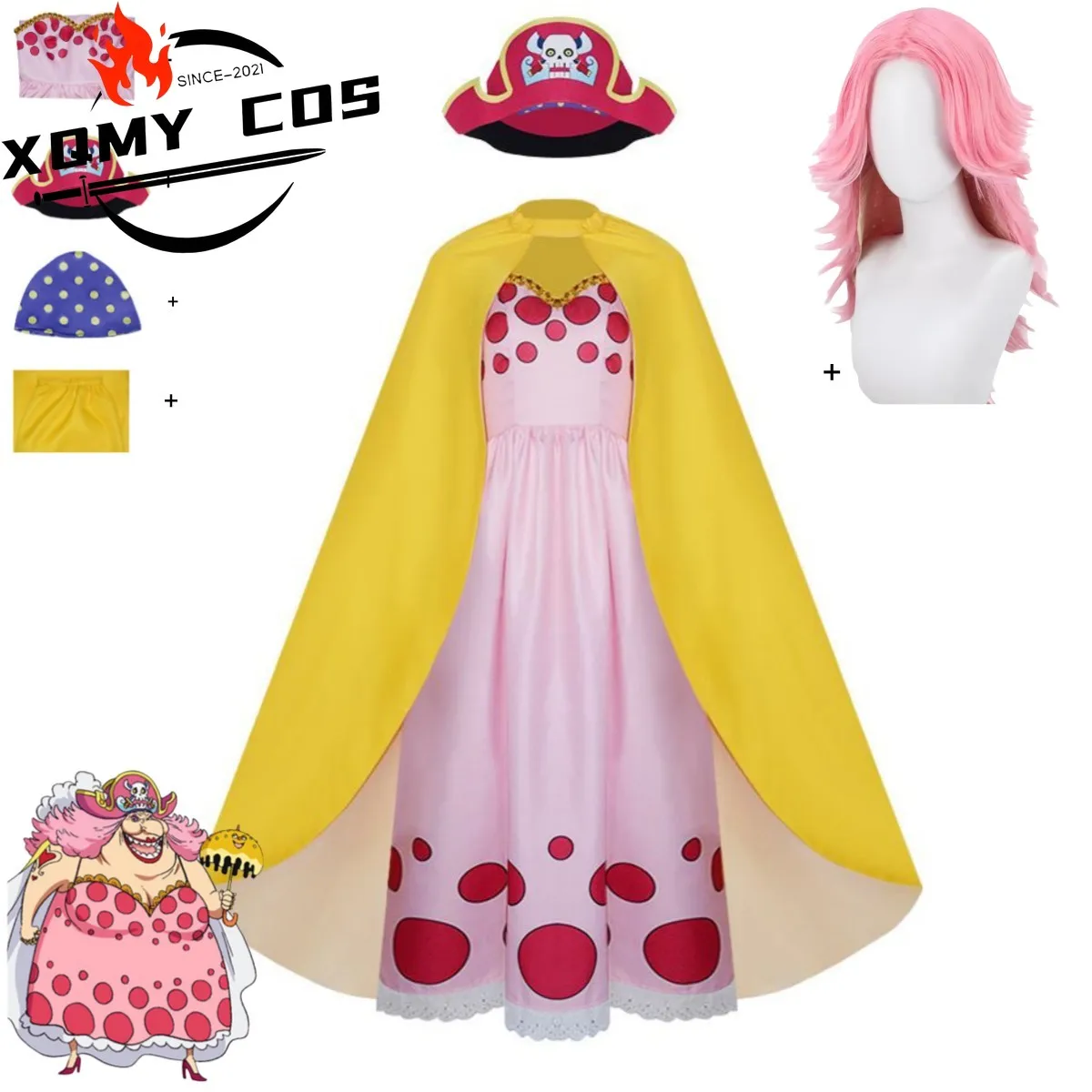 

XqAnime Charlotte Linlin Big Mom Cosplay Costume Totto Land Queen Soul-Soul Fruit Yellow Shawl Pink Dress Wig Woman Sexy Party S