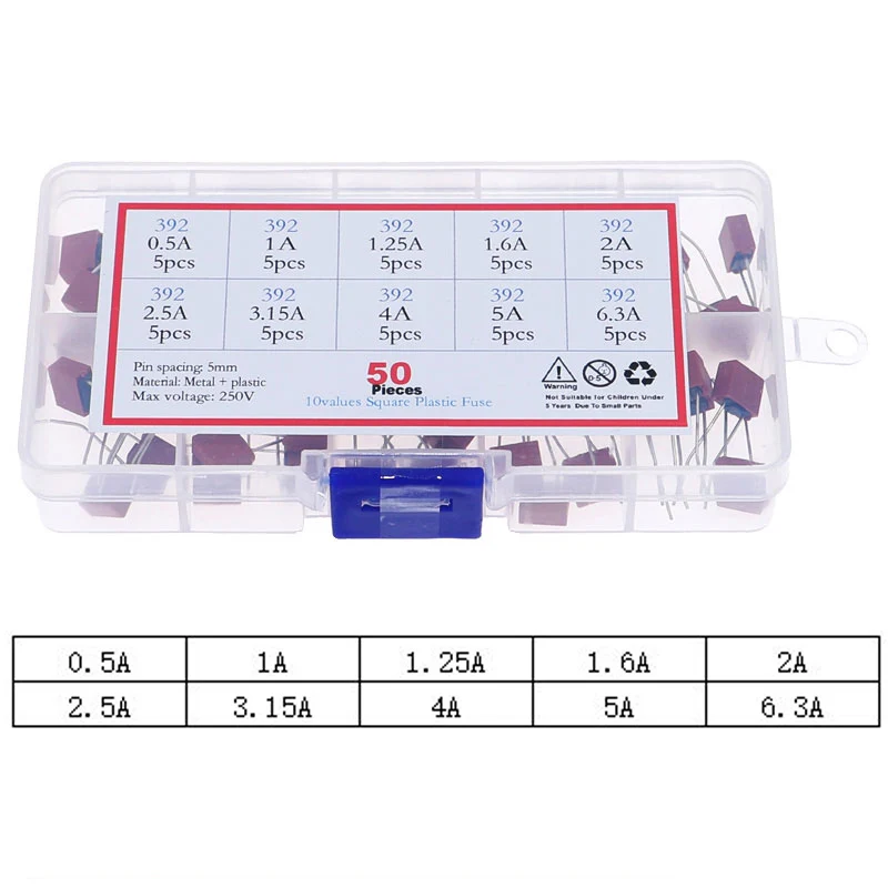 50Pcs 10Kinds x5pcs 392 Square Fuse Plastic Electrical Assorted Fuse Mixed pack kit 0.5A 1A 1.25A 1.6A 2A 2.5A 3.15A 4A 5A 6.3A