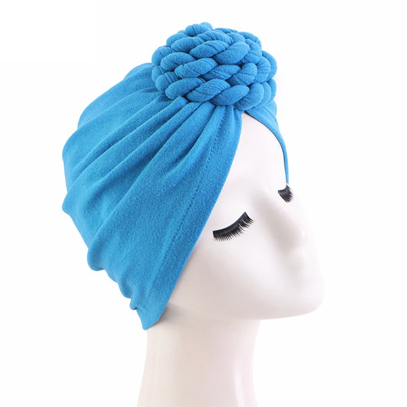 African Turban Women Muslim Hijab Knot Beanies Braid Chemo Cap Indian Hat Solid Color Headwear Hair Loss Cover Headscarf Wrap