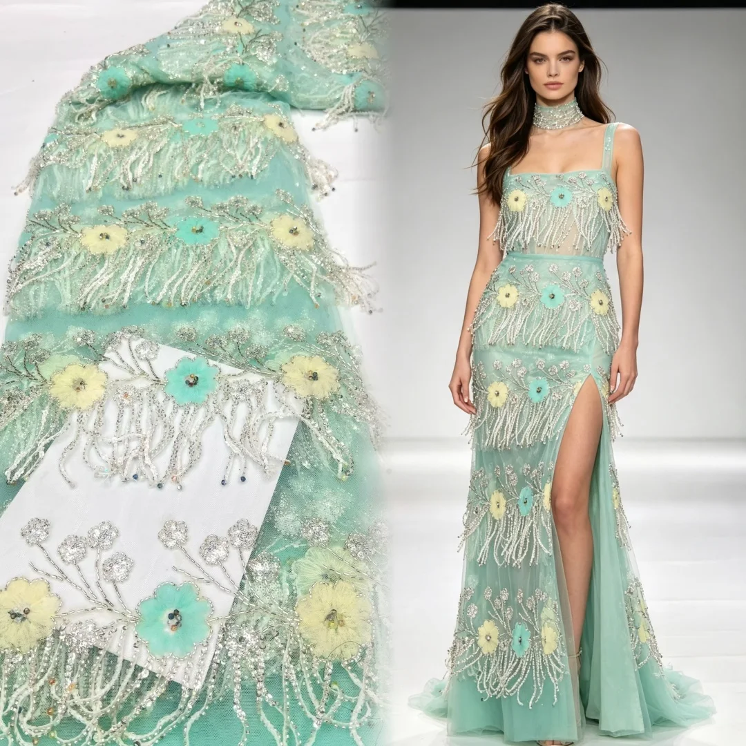 New Arrival 3D Floral Handmade Nigerian French Beaded Sequined Tulle Lace Fabric Women Wedding Party Wear Embroidered Fine AT290