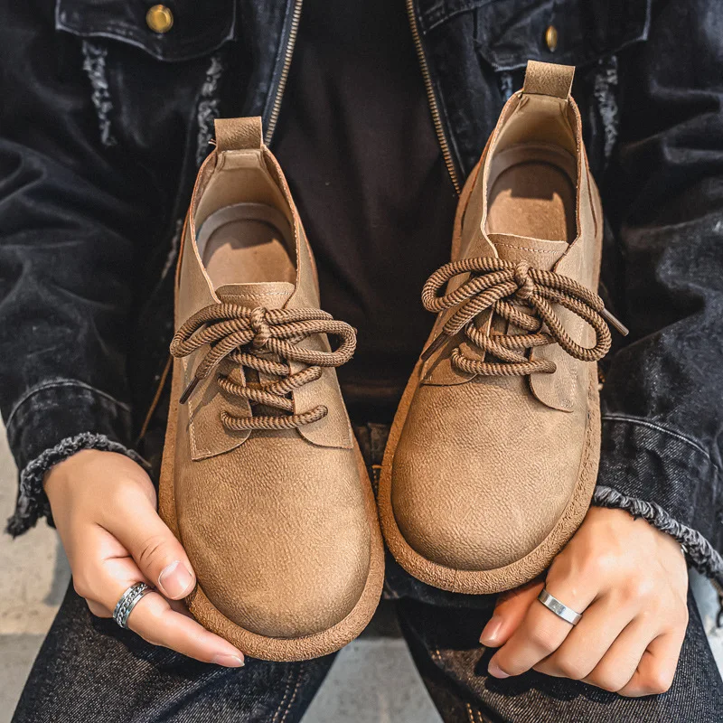 

Fashion Men's Retro British Style Casual Leather Shoes Quality Low Top Soft Sole Platform Shoes Comfortable Lace-up Work Boots