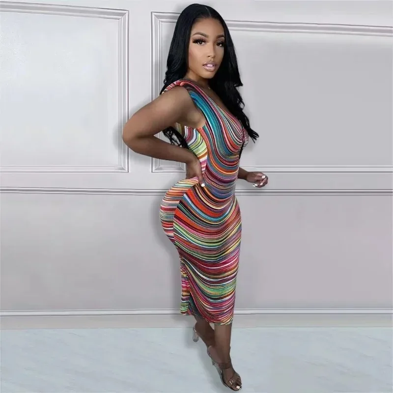 Guwu arco-íris listrado rolo frente emenda com decote em v sem mangas bodycon vestido de verão feminino vestidos de festa sexy vestidos de noite