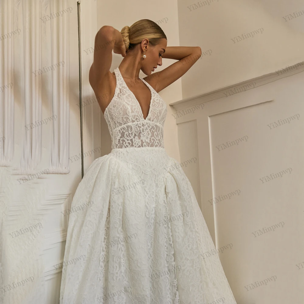 Civil Sleeveless Lace Weddings Dresses Bridal Halter Neck Applique vestido de novia para boda A-Line Sweep Train Customized