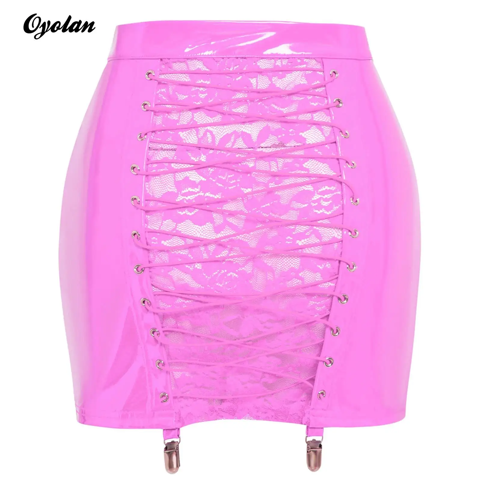 

Womens Front Zipper Back Bodycon Mini Skirt Wet Look PU Leather Latex Miniskirt Sheer Floral Lace-up Sexy Gothic Skirts Clubwear