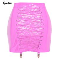 Womens Front Zipper Back Bodycon Mini Skirt Wet Look PU Leather Latex Miniskirt Sheer Floral Lace-up Sexy Gothic Skirts Clubwear