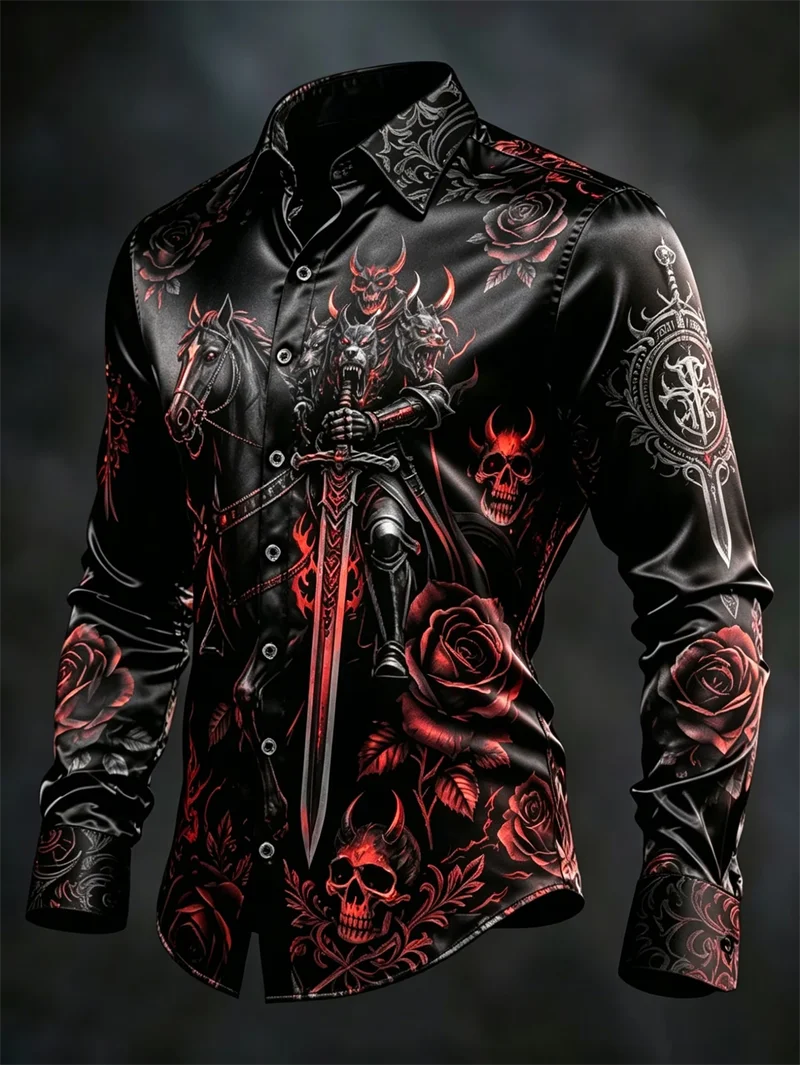 New Black Satin Wolf Head Rose Skull Print men's Long Sleeved Shirt With Dark Gothic Style Casual Shirt