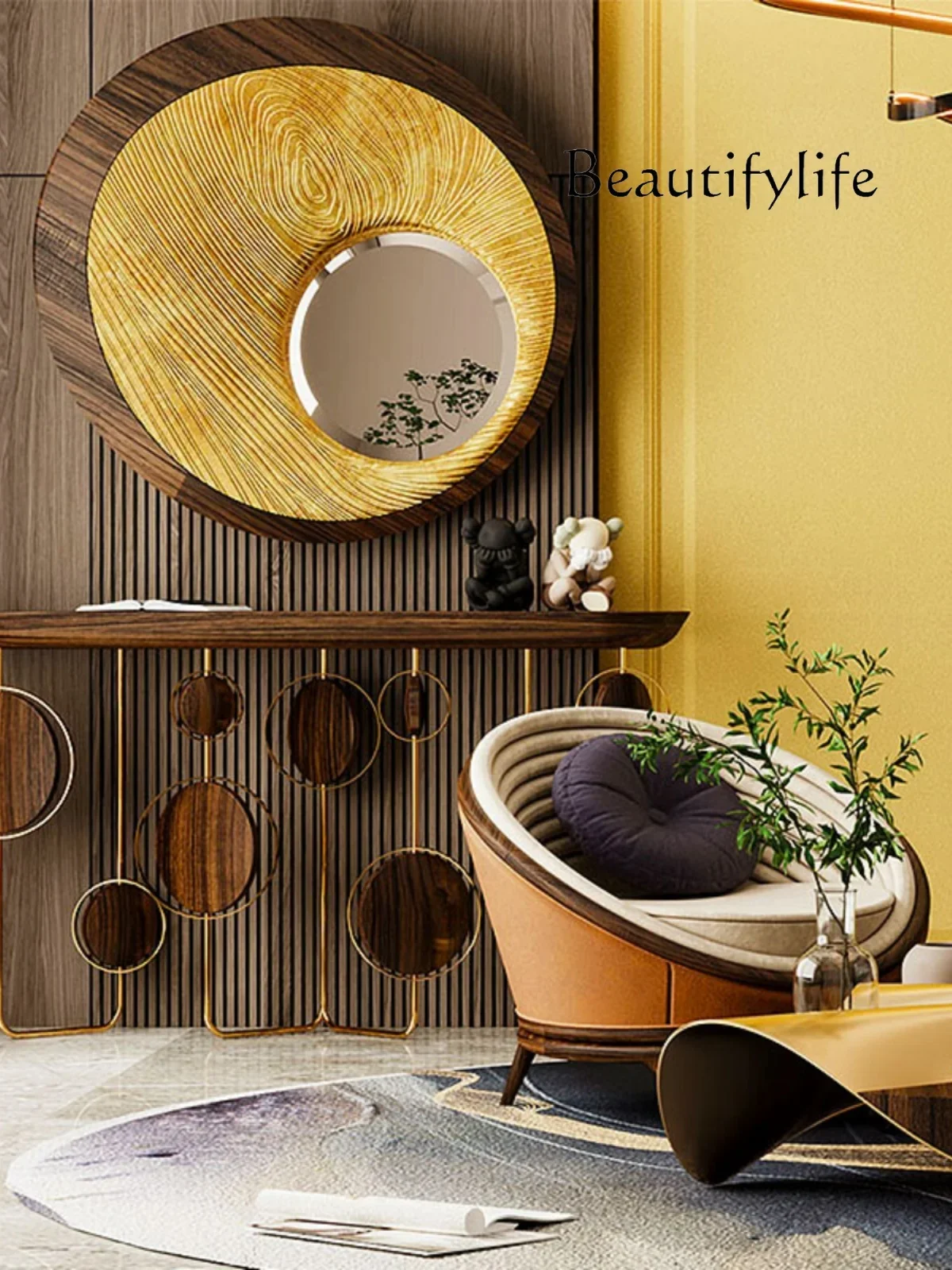 

Uu Italian Minimalist Stainless Steel End View Table Abstract Art Table Black Walnut Log Modern Entrance Table