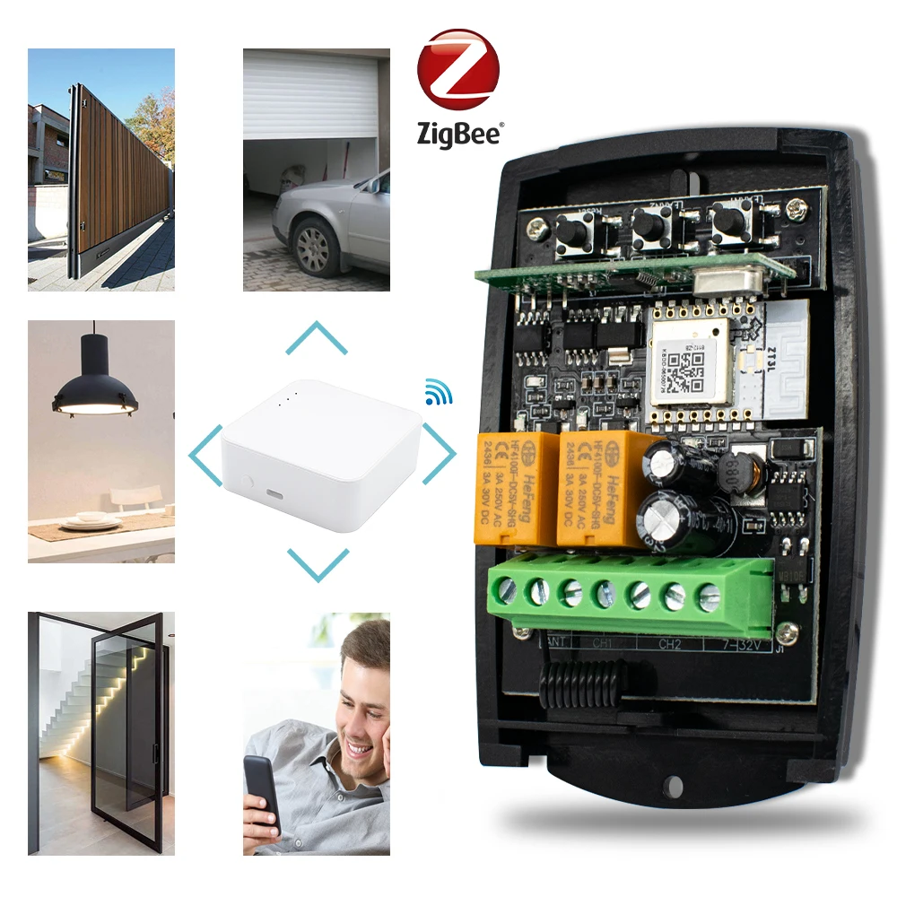 Zigbee Smart Switch Remote Control Receiver 433MHz 433.92MHz Universal Garage Gate Door 2 Channels Relay Module + Transmitter