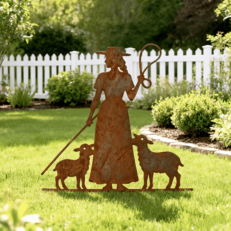 CIFBUY 1pc Rustic Rusted Shepherdess and Lamb Metal Garden Stake, Silhouette Sculpture, Waterproof Rustproof, for Yard Lawn